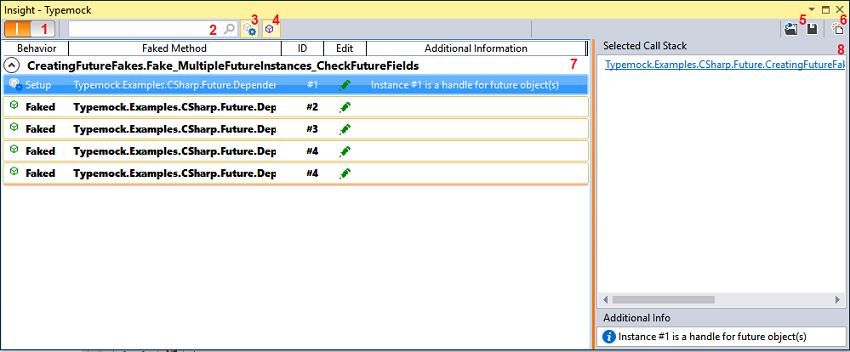 ypemock Isolator Insights window showing faked methods and setup calls
